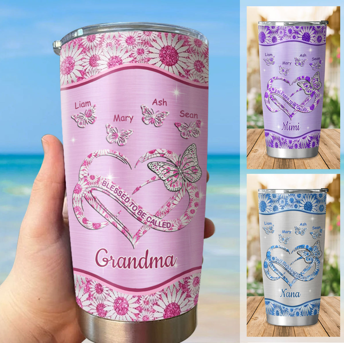 Butterfly Blessed to be called Grandma Mimi Nana Mommy Auntie Personalized Tumbler SC51245 - Drive mockup HP08DEC23HL01