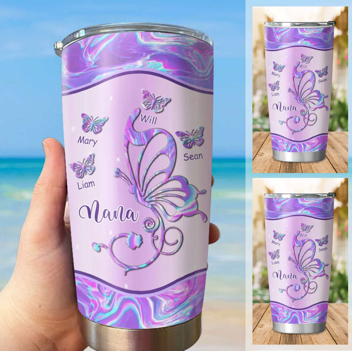 Butterfly Grandma Kids Names Purple Hologram Or Leopard Plaid Personalized Tumbler