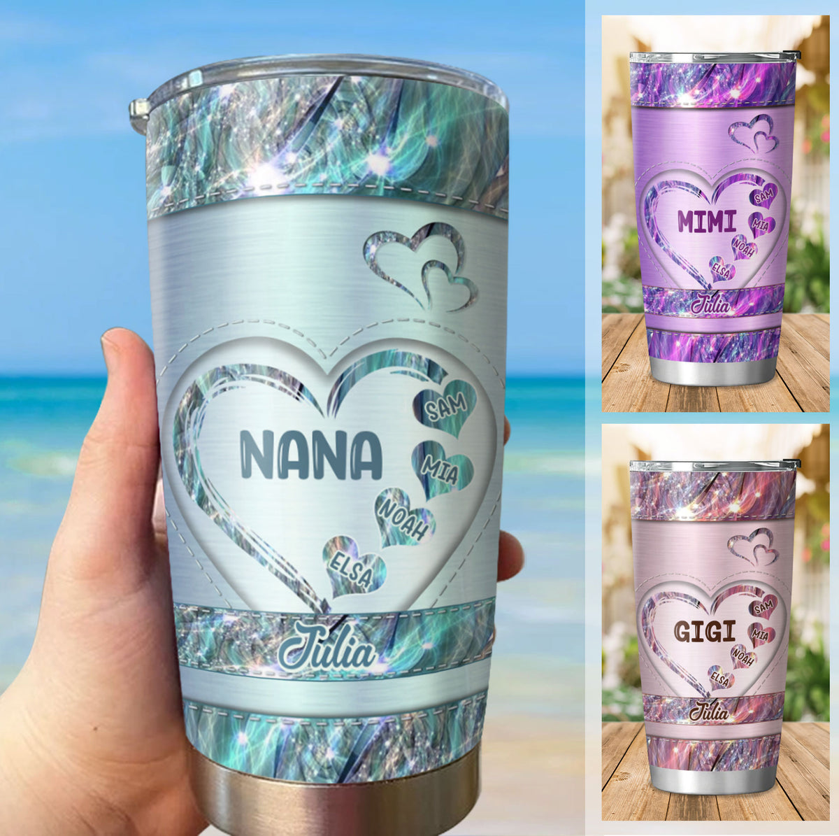 Heart Mom Grandma Nana Mimi Gigi Auntie Personalized Tumbler