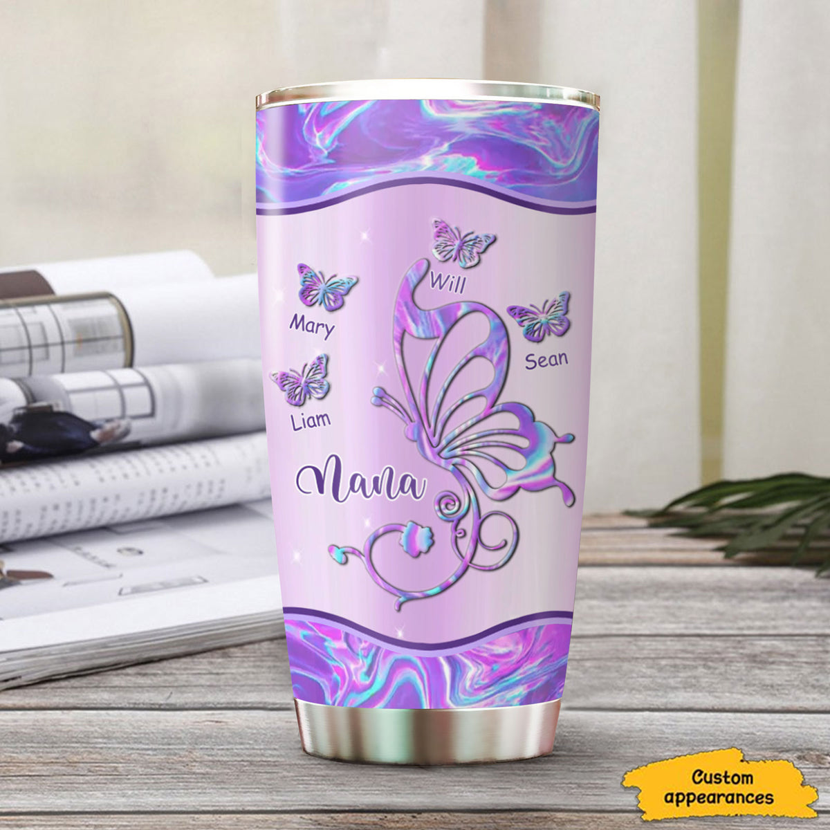 Butterfly Grandma Kids Names Purple Hologram Or Leopard Plaid Personalized Tumbler