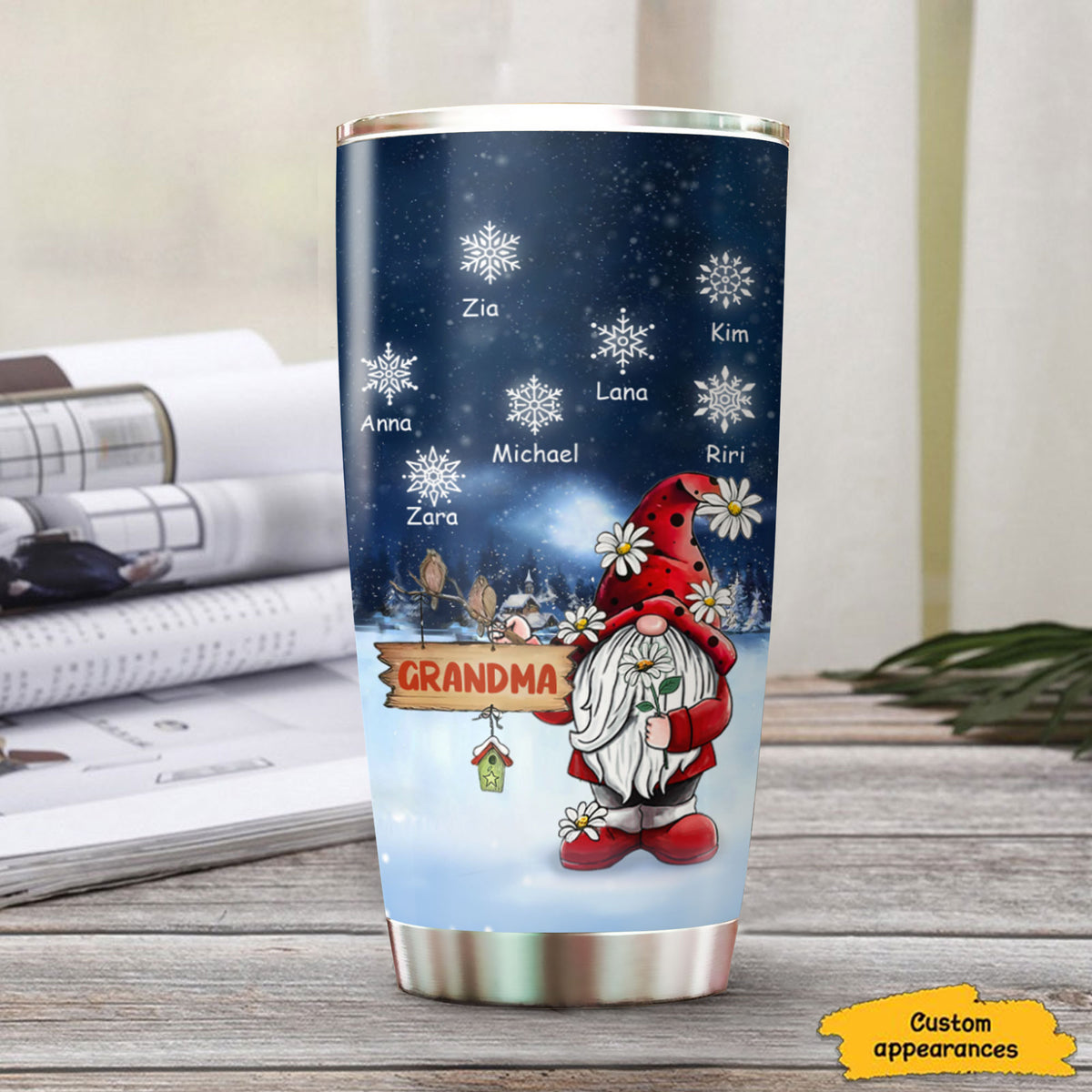Christmas Gnome Snowflake Grandma Kids Names Personalized Tumbler