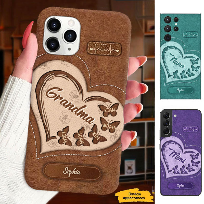 Leather Heart Butterflies Grandma Kids Names Personalized Phone Case