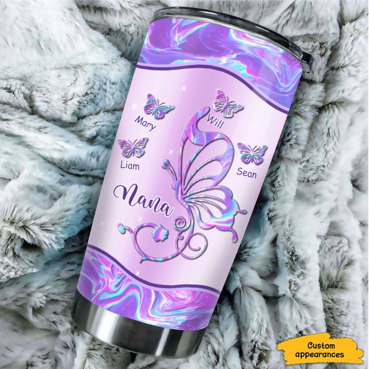 Butterfly Grandma Kids Names Purple Hologram Or Leopard Plaid Personalized Tumbler