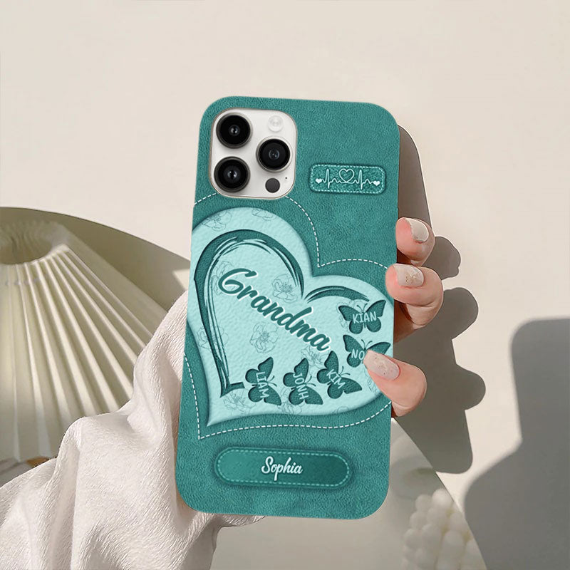 Leather Heart Butterflies Grandma Kids Names Personalized Phone Case