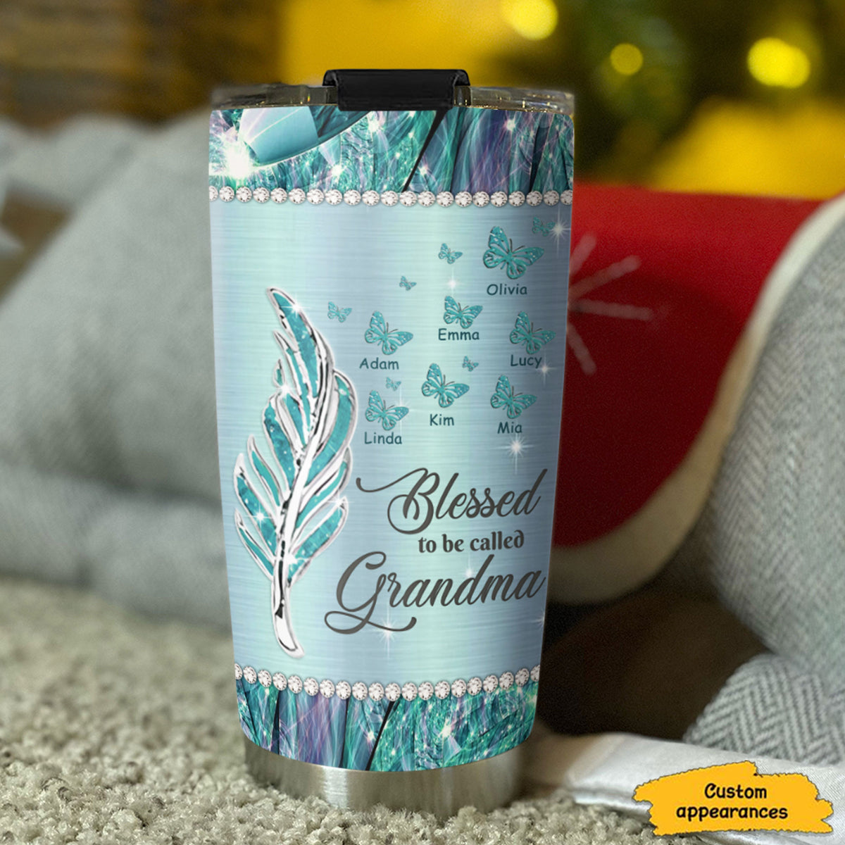 Feather Butterfly Blessed To Be Called Grandma Nickname Kids Names Personalized Tumbler 20 Colors 20oz