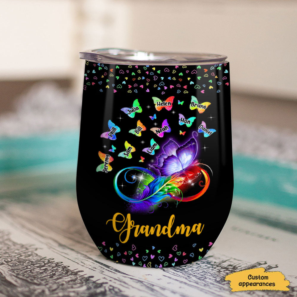 Infinity Butterfly Grandma Kids Names Personalized Wine Tumbler