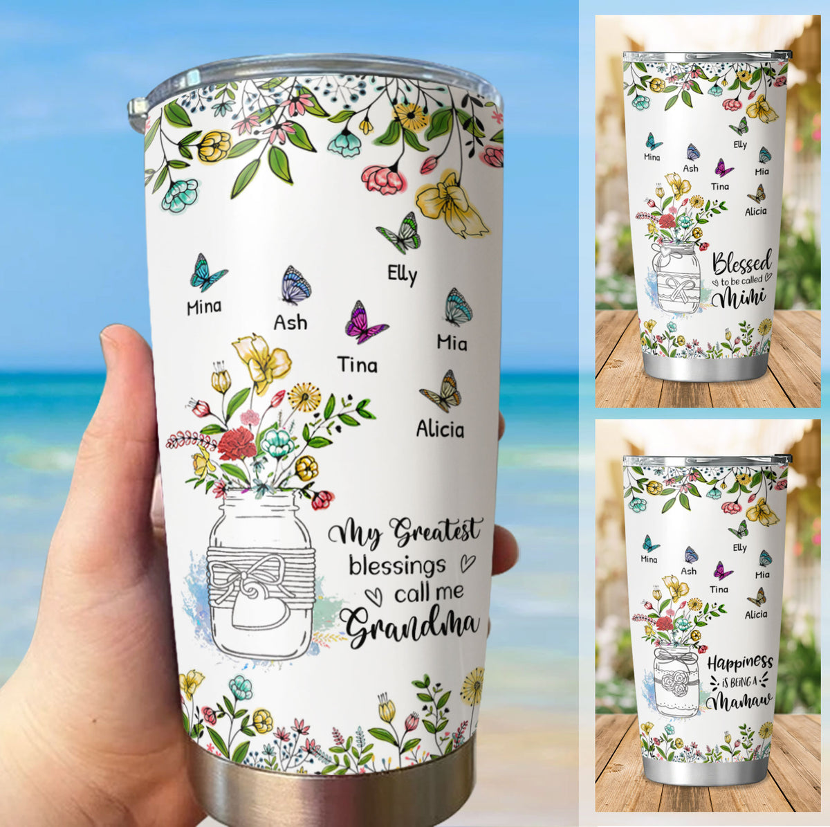 Flower Jar Butterflies My Greatest Blessings Call Me Grandma Nana Mimi Personalized Tumbler - Drive mockup HP08JUN23HL03