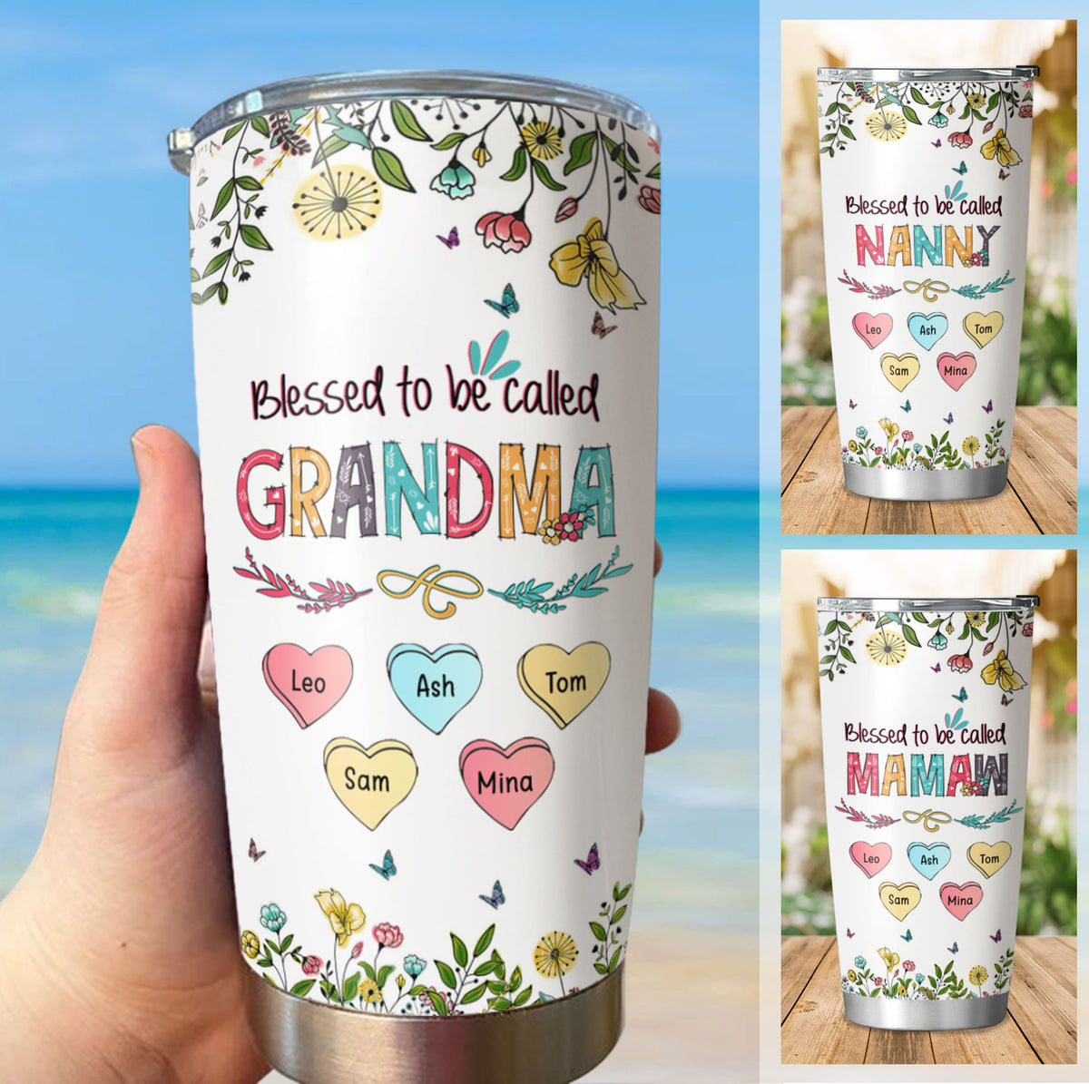Blessed To Be Called Grandma Hearts Floral Personalized Tumbler