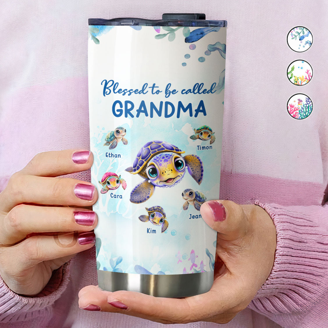 Sea Turtle Blessed To Be Called Grandma Kids Names Personalized Tumbler 20oz