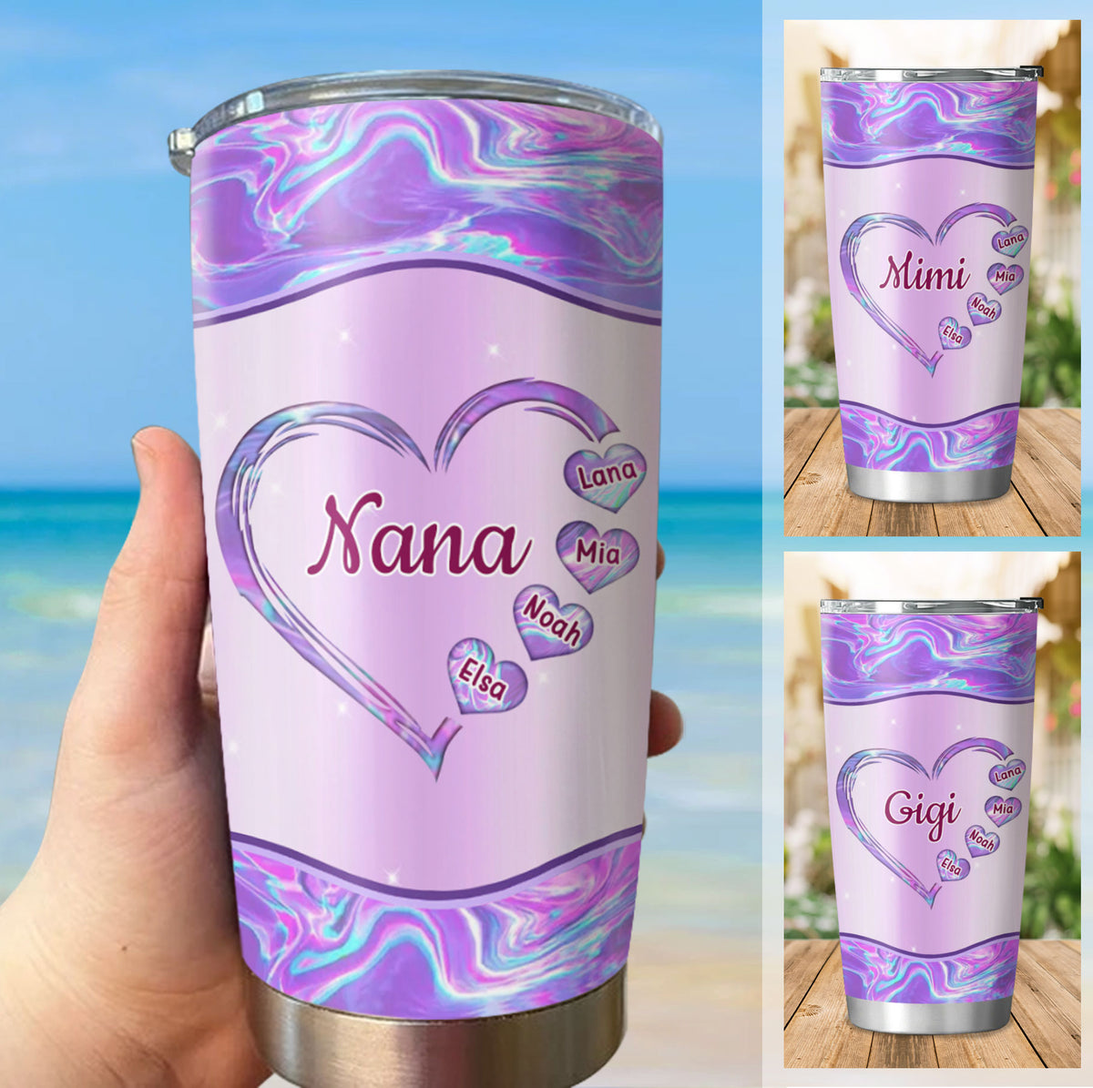 Holographic Heart Grandma Nana Mimi Kids Names Personalized Tumbler