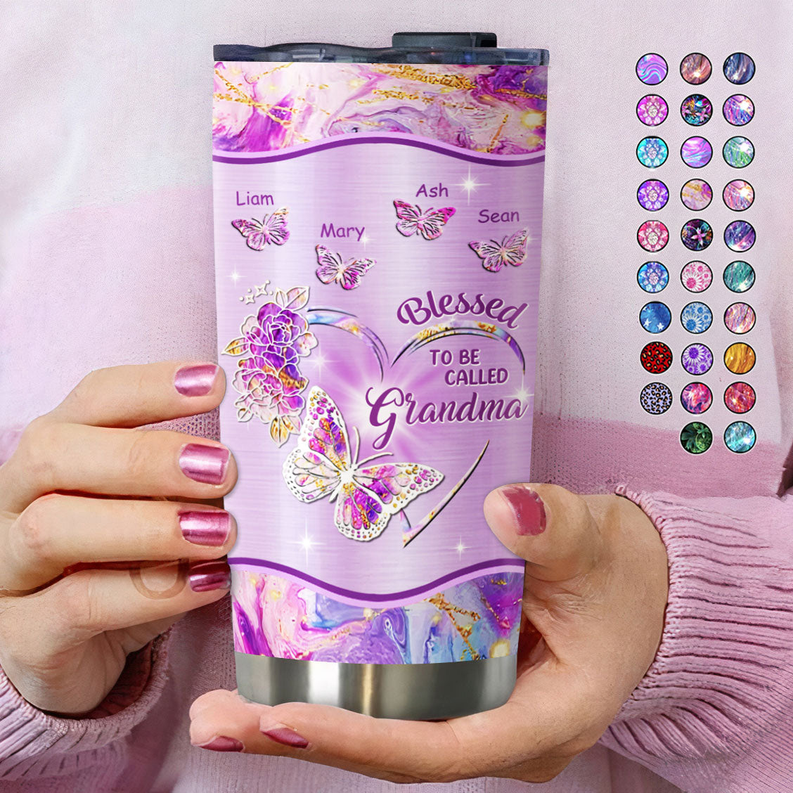 Blessed To Be Called Heart Butterfly Grandma Kids Names Personalized Tumbler 7 Colors 20oz