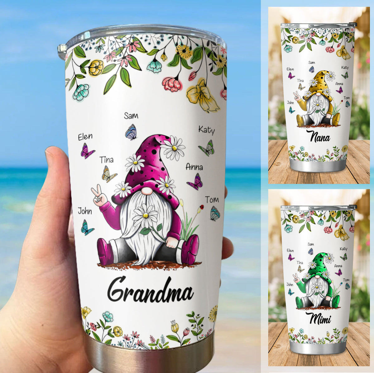 Gnome Butterfly Floral Grandma Kids Names Personalized Tumbler