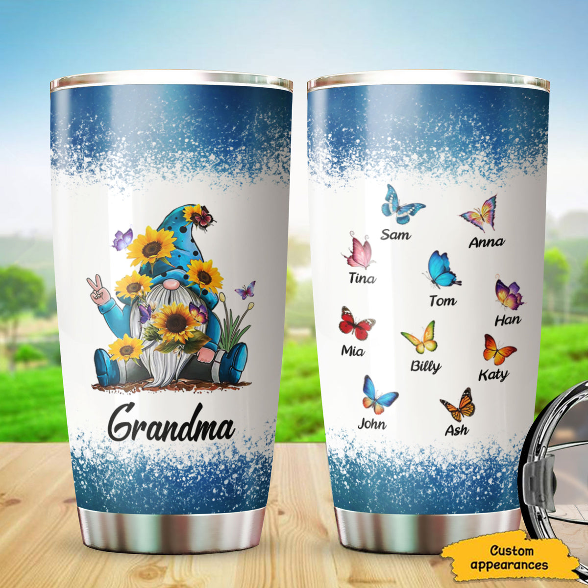Gnome Grandma Butterflies Kids Names Personalized Tumbler