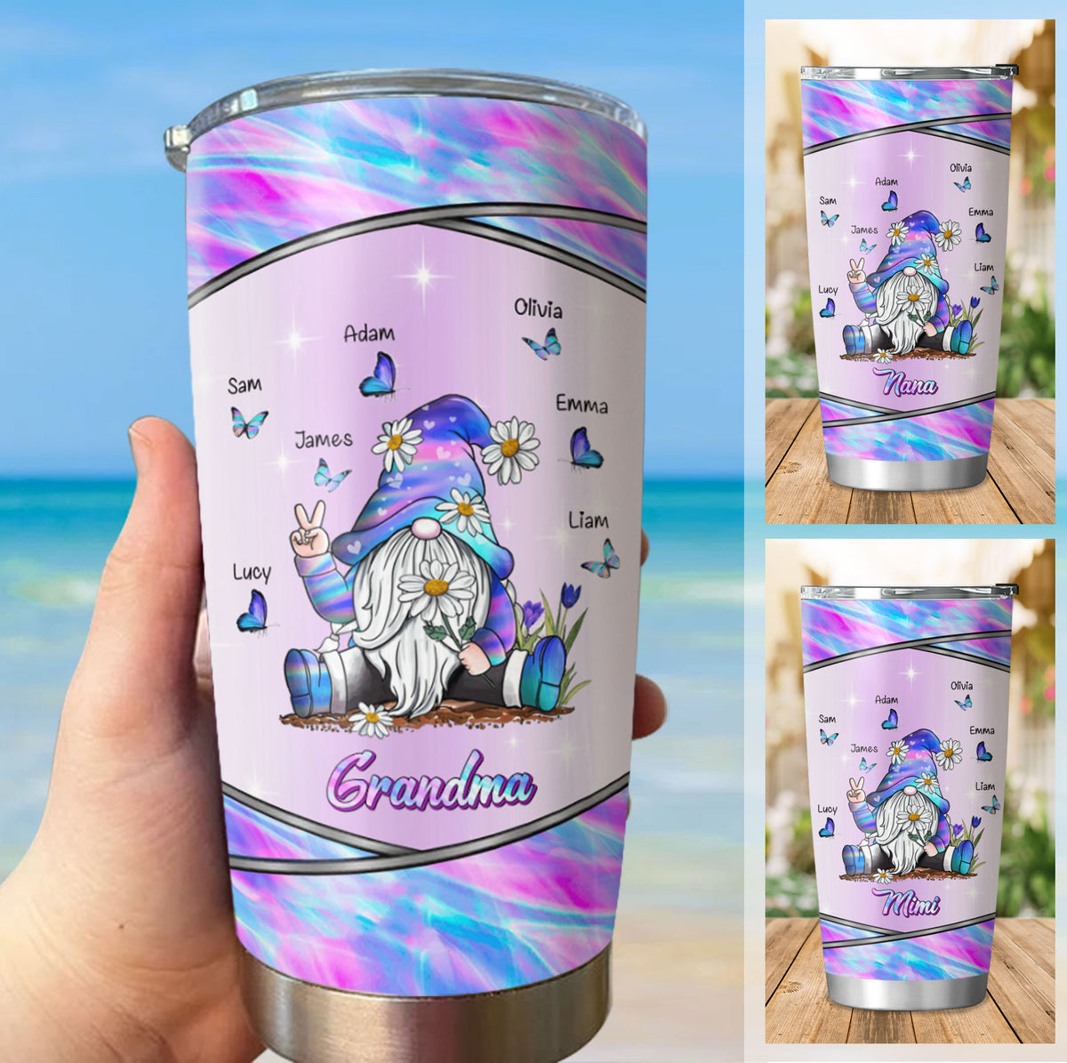 Hippie Gnome Grandma Nickname Kids Names Personalized Tumbler 4 Styles 20oz
