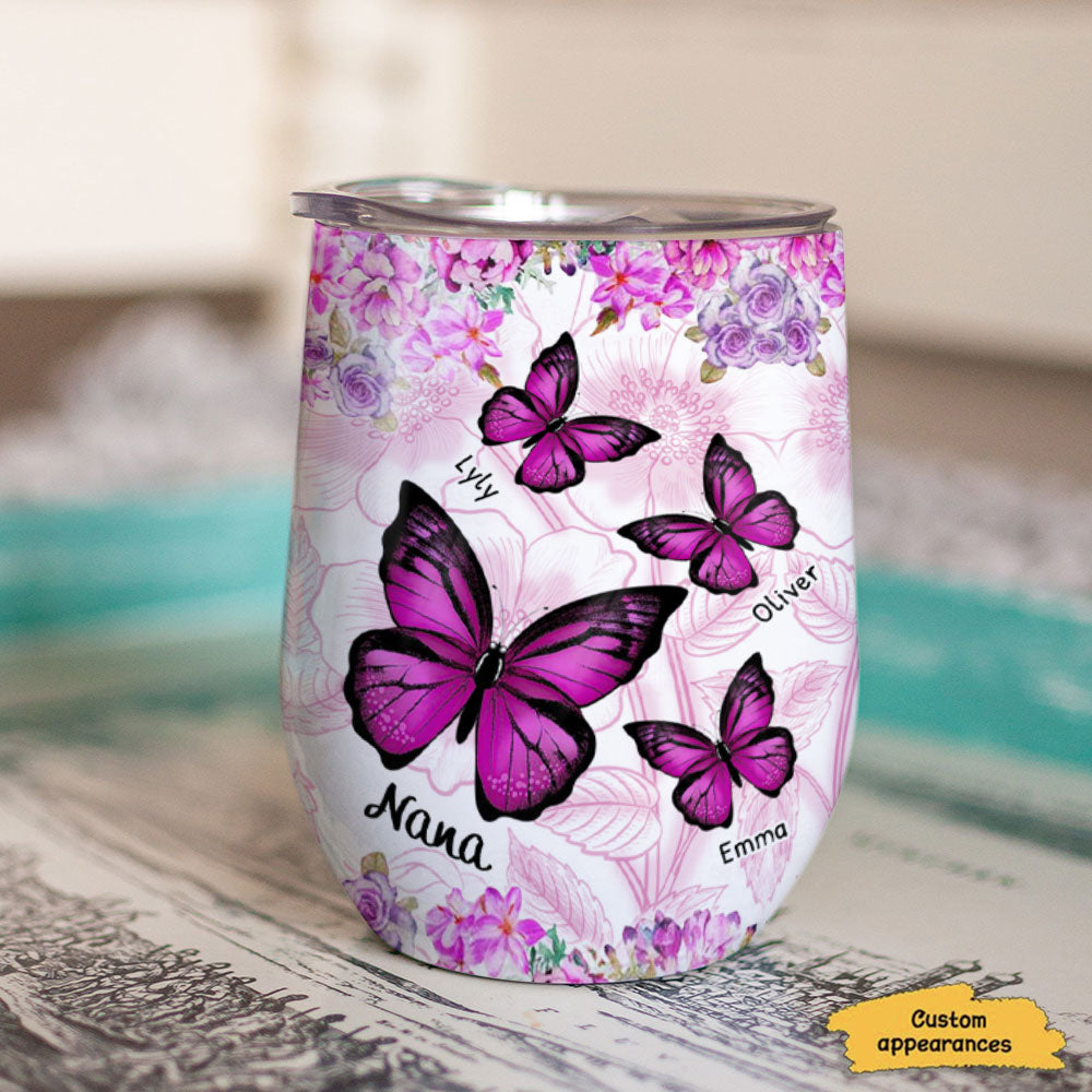 Pink Butterflies Grandma with Grandkids Personalized Wine Tumbler
