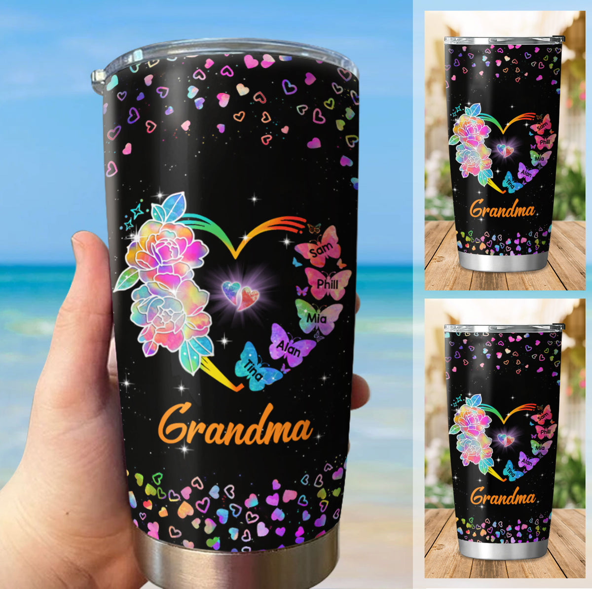 Flower Butterflies Heart Grandma Nana Mimi Kids Names Personalized Tumbler