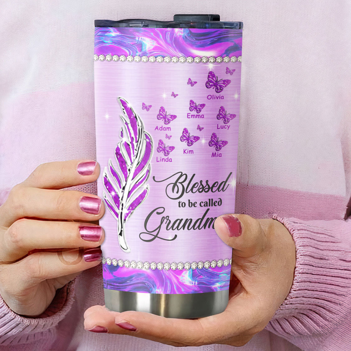 Feather Butterfly Blessed To Be Called Grandma Nickname Kids Names Personalized Tumbler 20 Colors 20oz