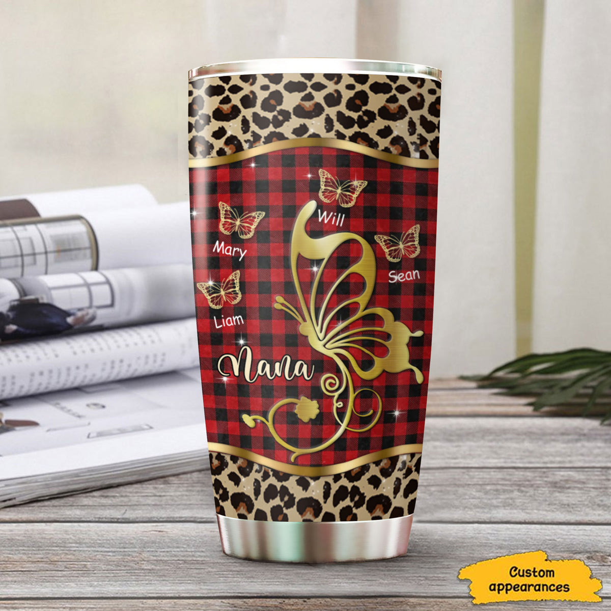 Butterfly Grandma Kids Names Purple Hologram Or Leopard Plaid Personalized Tumbler