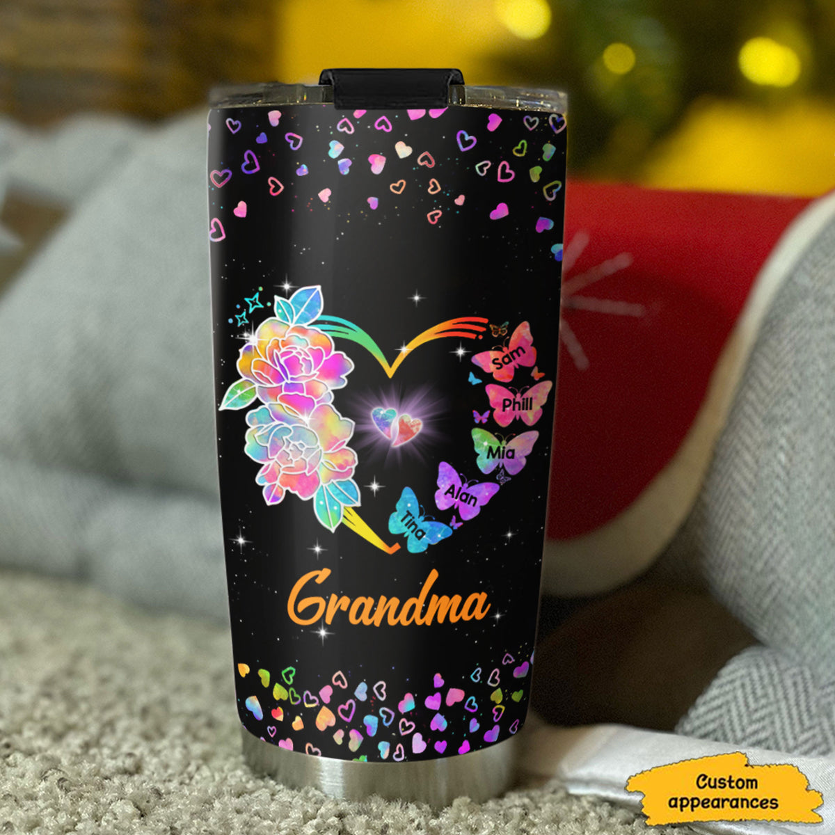 Flower Butterflies Heart Grandma Nana Mimi Kids Names Personalized Tumbler