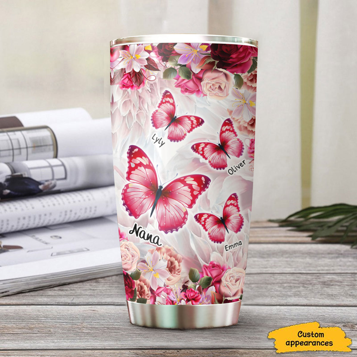 Pink Butterflies Floral Grandma Kids Names Personalized Tumbler