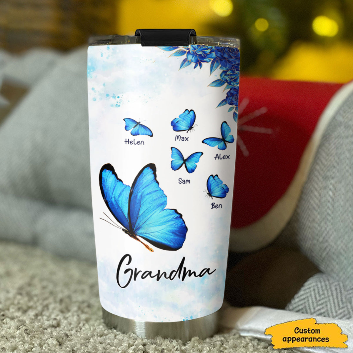 Big Blue Butterfly Grandma Kids Names Personalized Tumbler 20oz