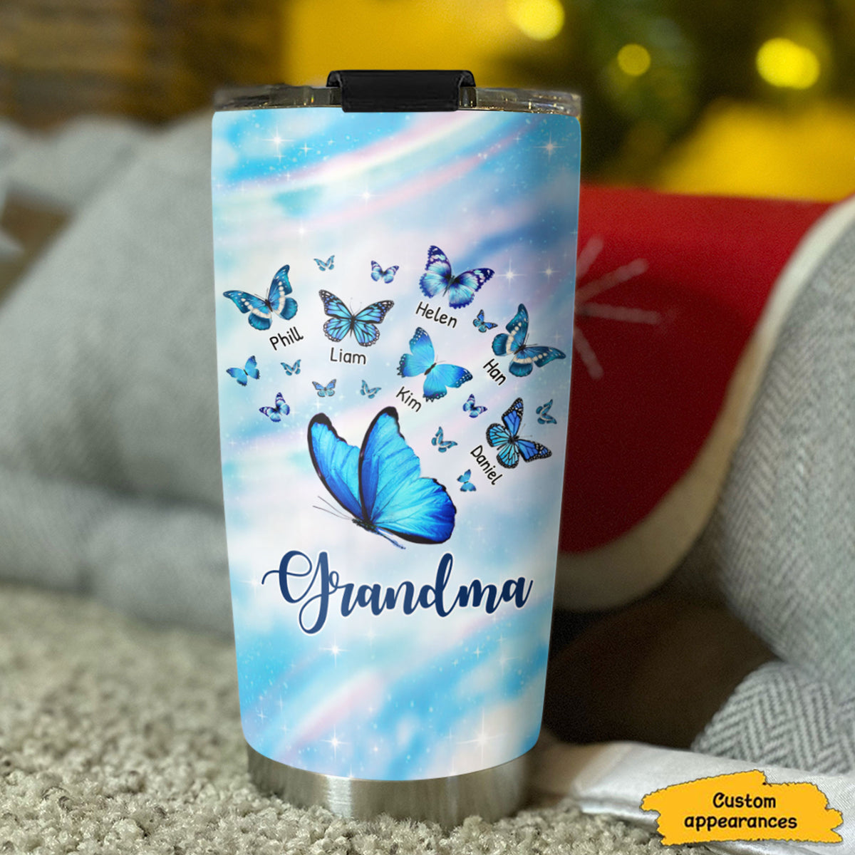 Blue Butterfly Grandma Nana Mimi Gigi Auntie Mom Personalized Tumbler