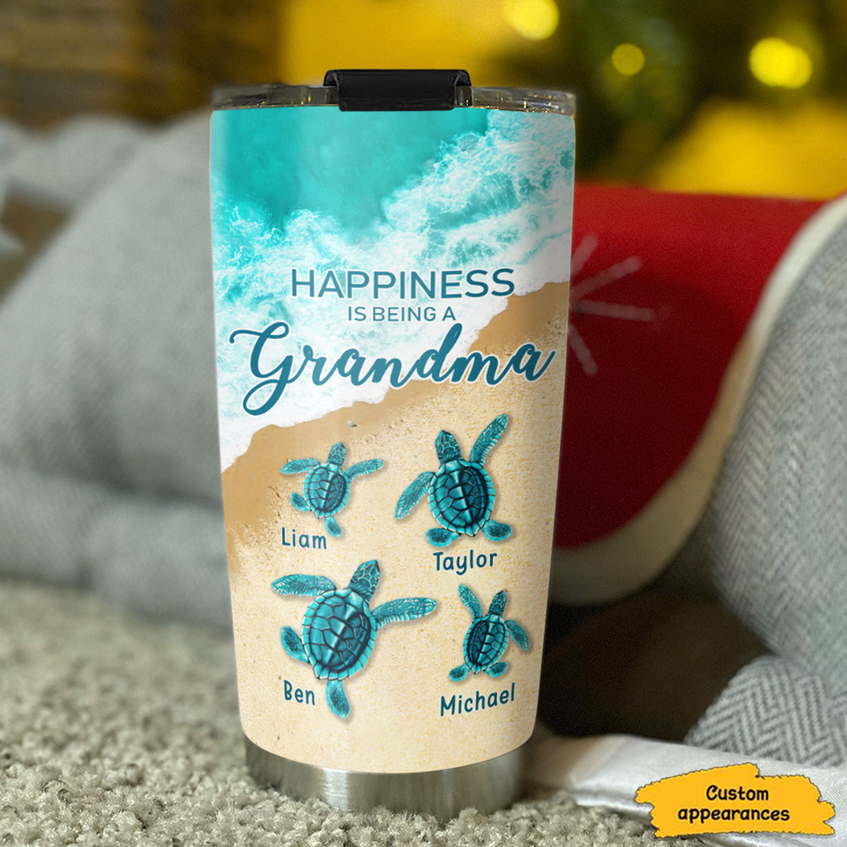 Sea Turtle Beach Happiness Is Being A Grandma Kids Names Personalized Tumbler 20oz