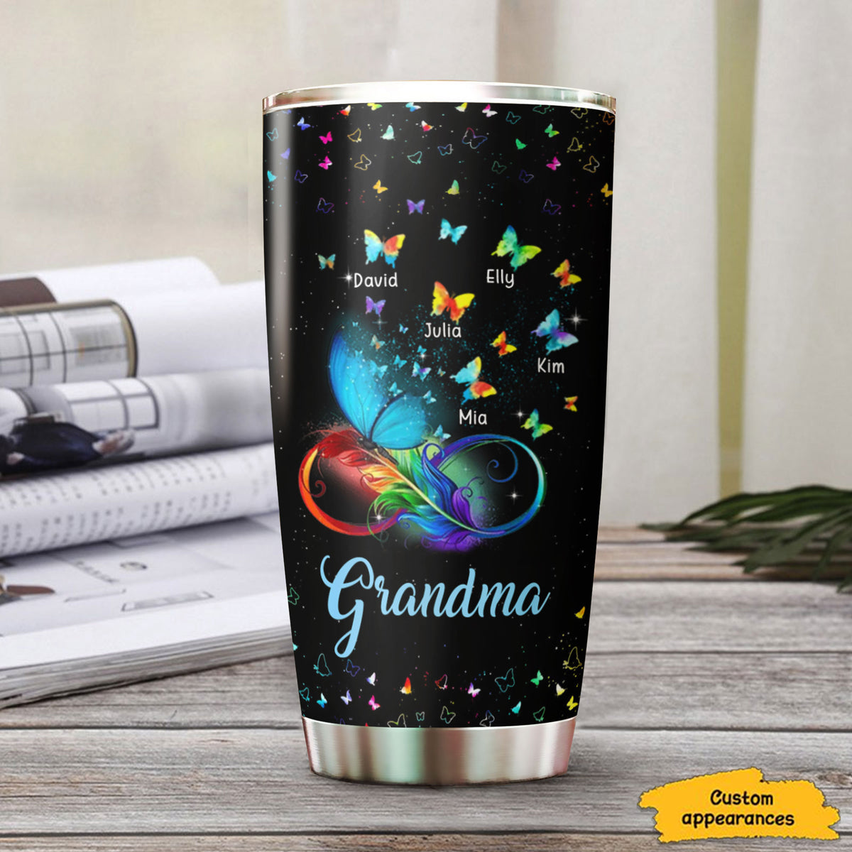 Rainbow Infinity Butterfly Grandma Kids Names Personalized Tumbler
