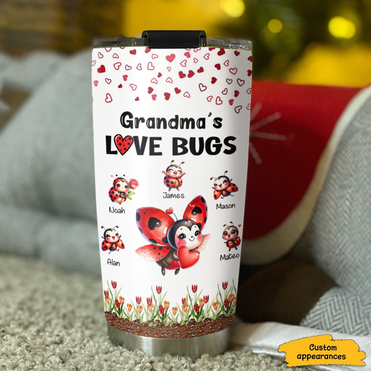 Grandma's Love Bugs Ladybug Kids Names Personalized Tumbler 20oz