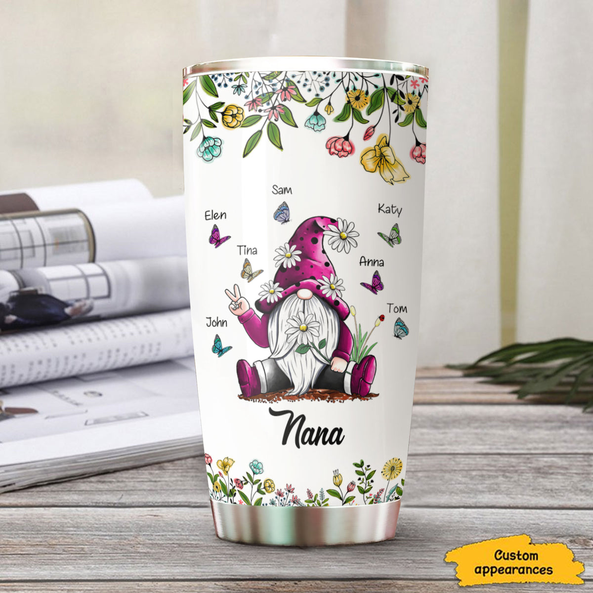 Gnome Butterfly Floral Grandma Kids Names Personalized Tumbler