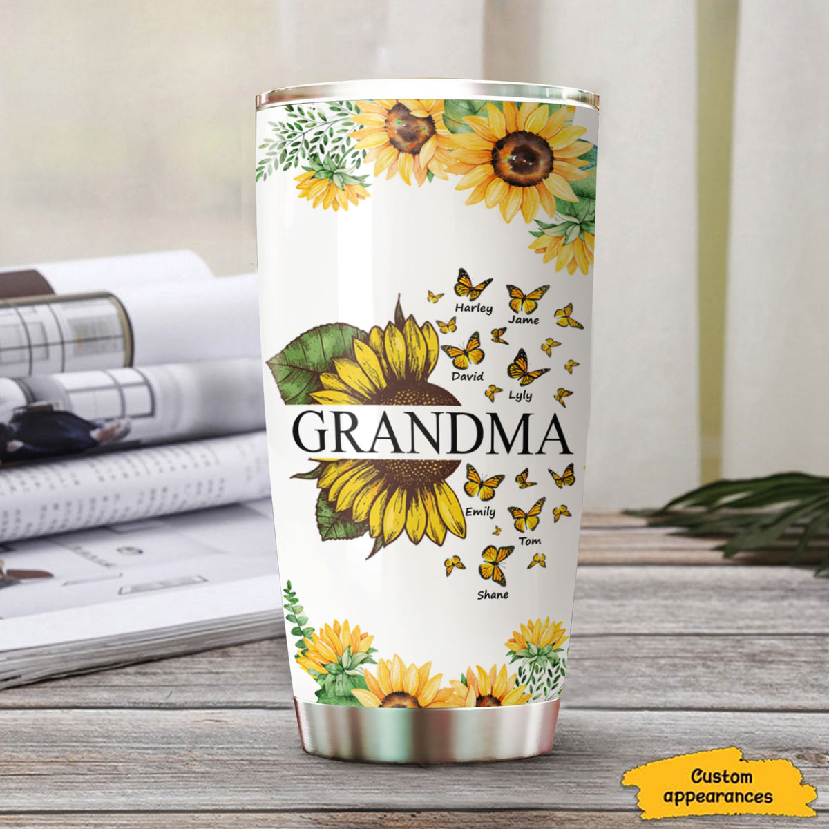 Butterfly Sunflower Grandma Mimi Nana Mommy Personalized Tumbler