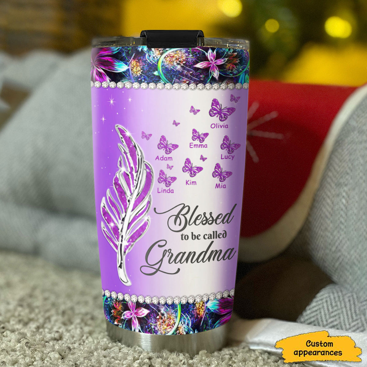 Feather Butterfly Blessed To Be Called Grandma Nickname Kids Names Personalized Tumbler 20 Colors 20oz