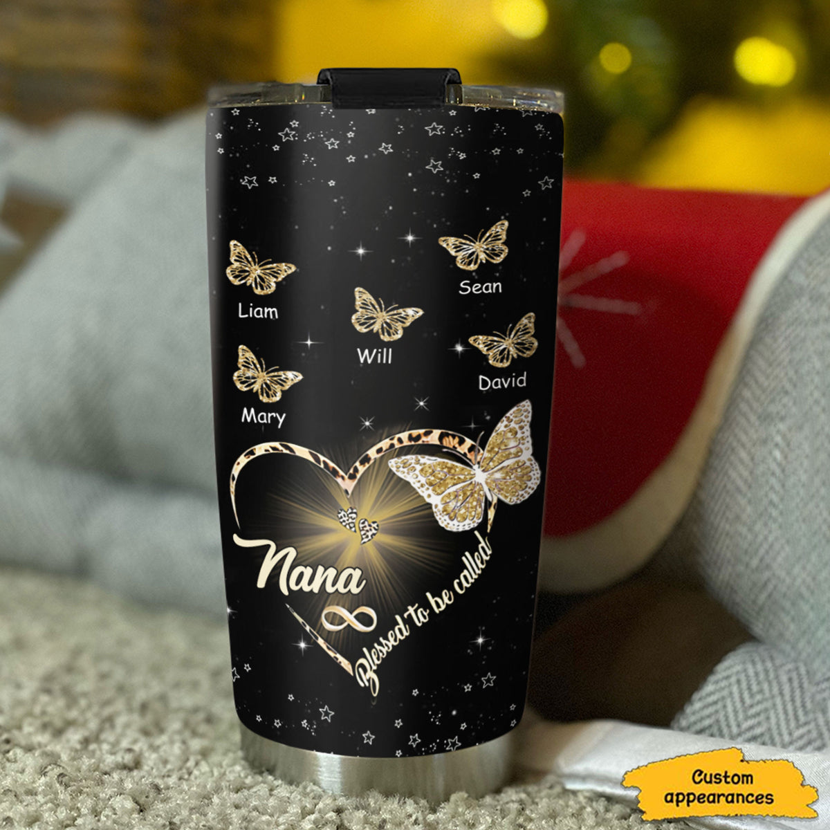 Leopard Heart Butterfly Blessed To Be Called Grandma Kids Names Personalized Tumbler Black 20oz