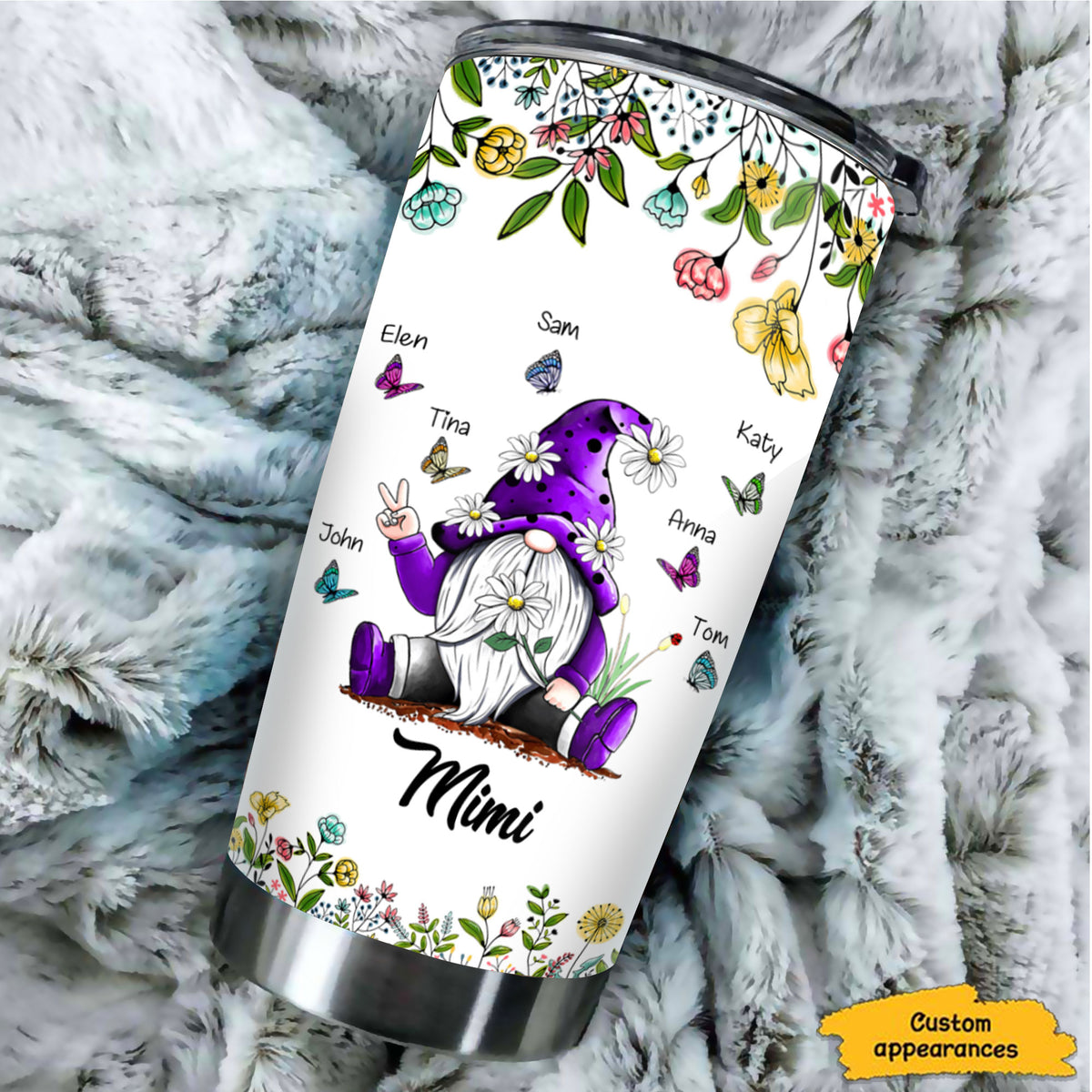 Gnome Butterfly Floral Grandma Kids Names Personalized Tumbler