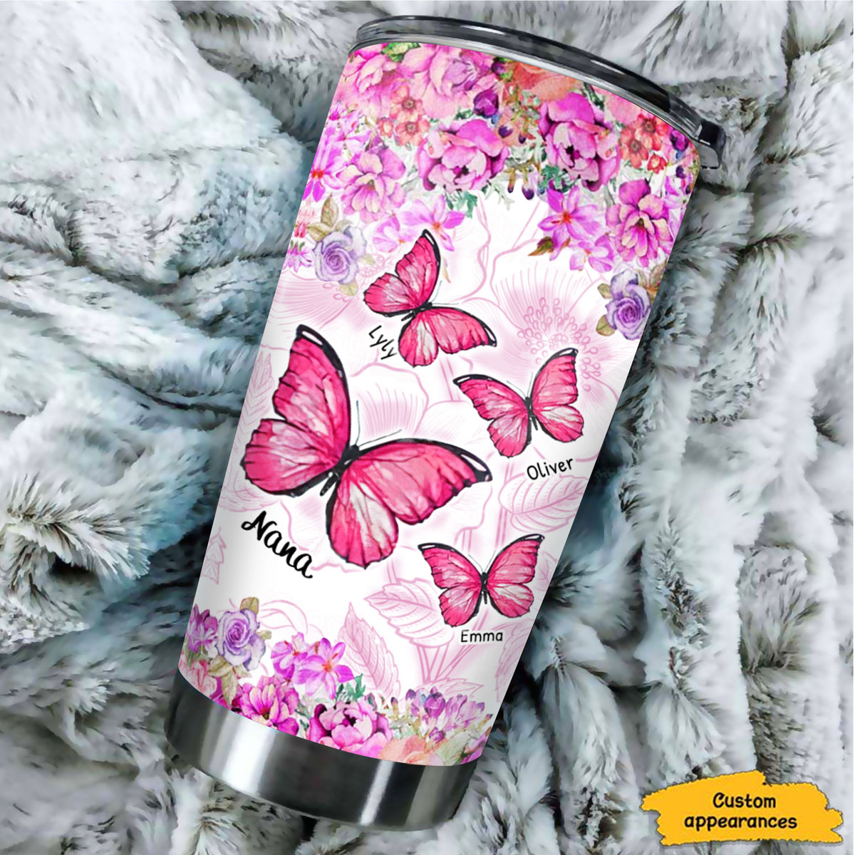 Pink Butterflies Floral Grandma Kids Names Personalized Tumbler