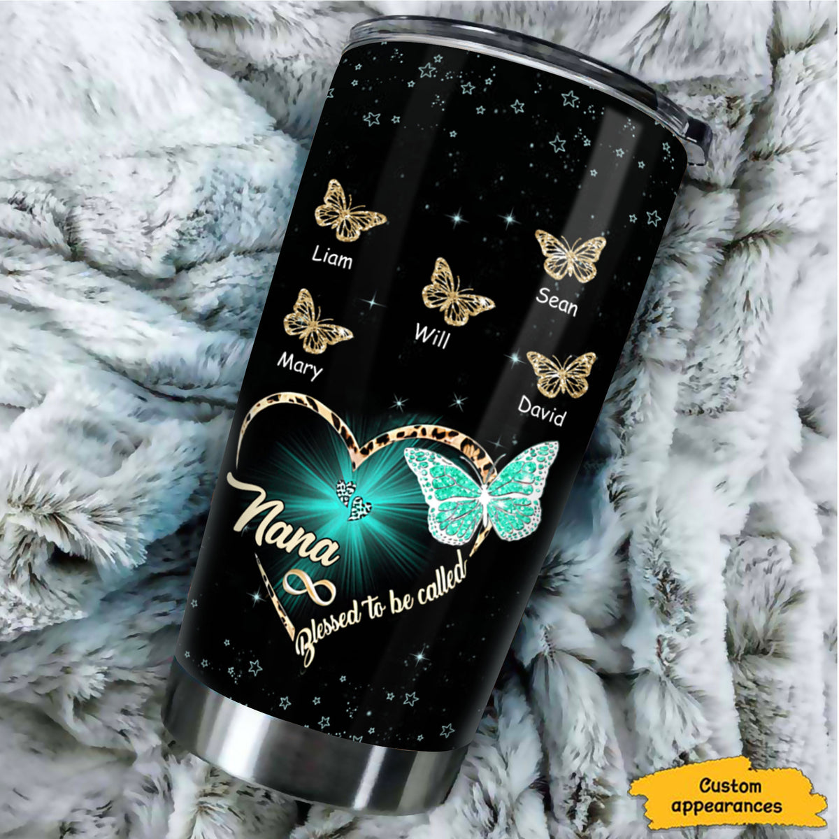 Leopard Heart Butterfly Blessed To Be Called Grandma Kids Names Personalized Tumbler Black 20oz