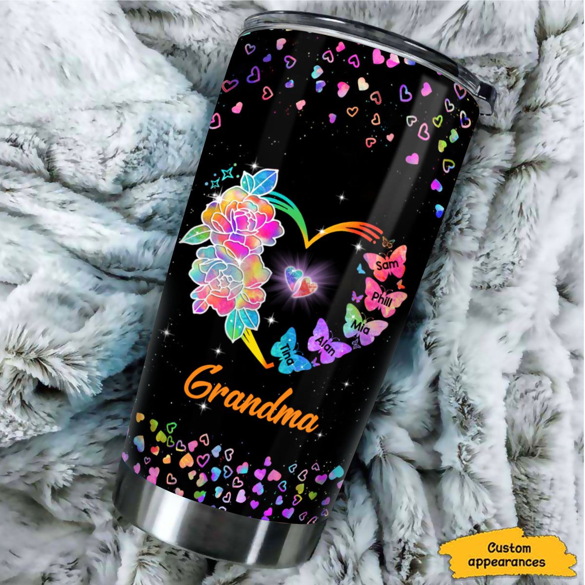 Flower Butterflies Heart Grandma Nana Mimi Kids Names Personalized Tumbler