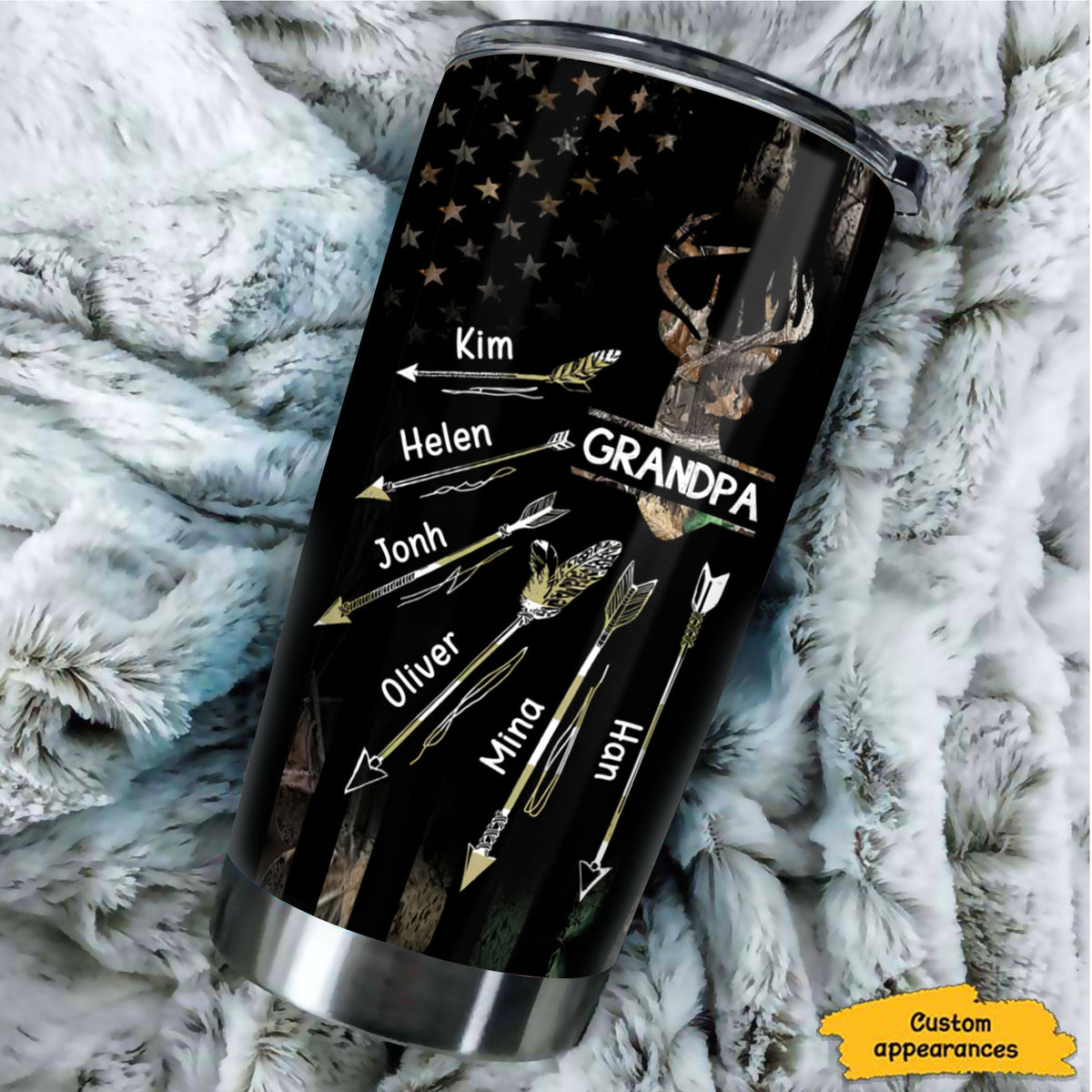 Deer Hunting Grandpa Arrows Kids Names American Flag Personalized Tumbler