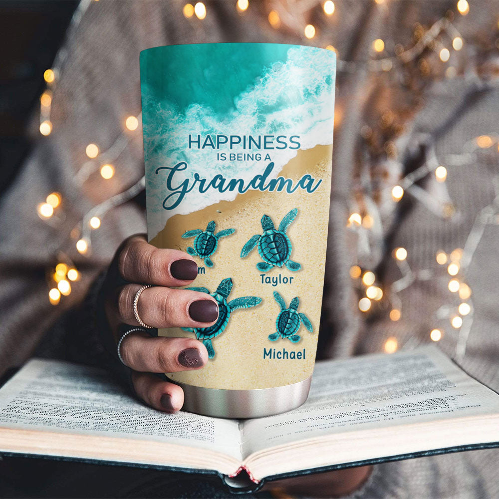 Sea Turtle Beach Happiness Is Being A Grandma Kids Names Personalized Tumbler 20oz