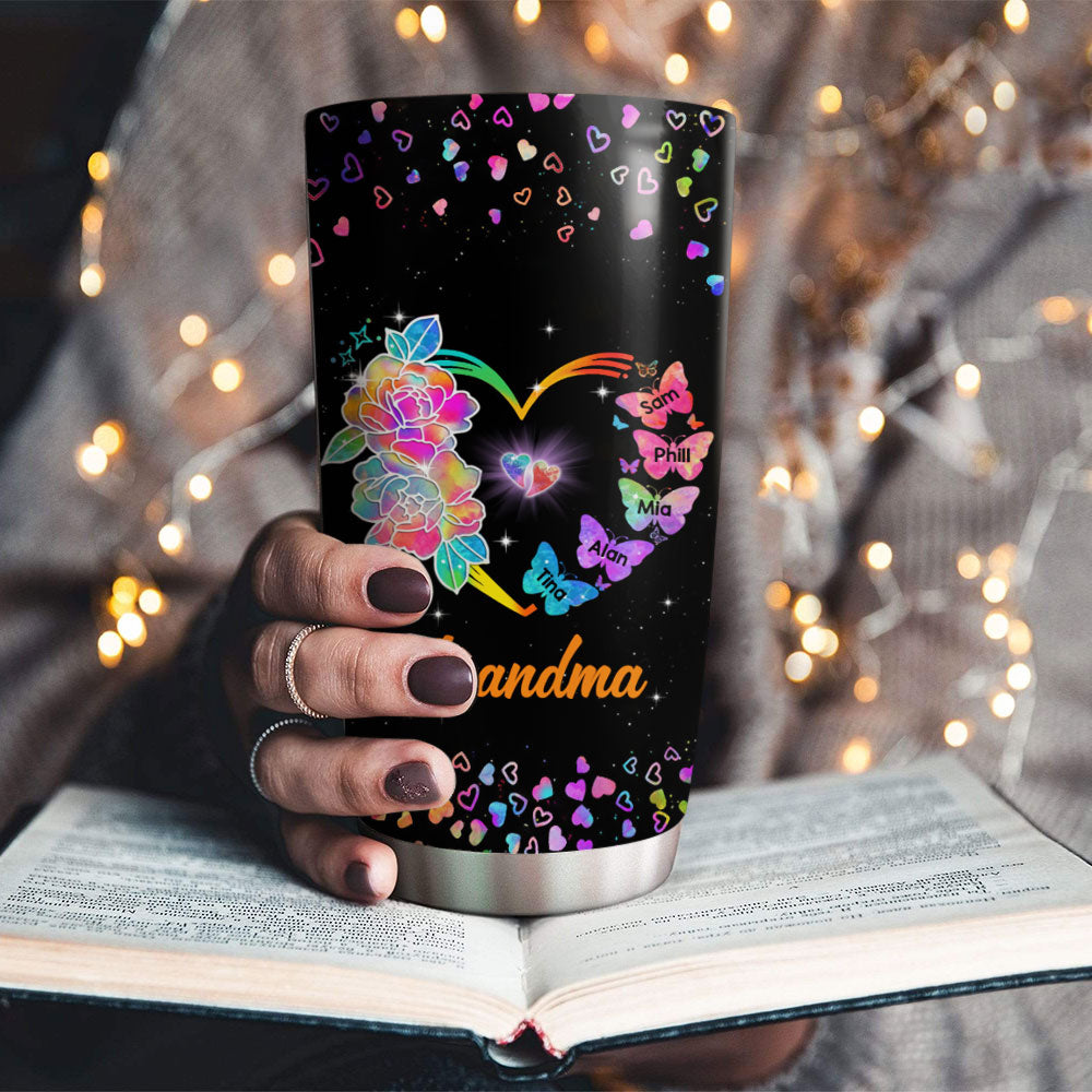 Flower Butterflies Heart Grandma Nana Mimi Kids Names Personalized Tumbler