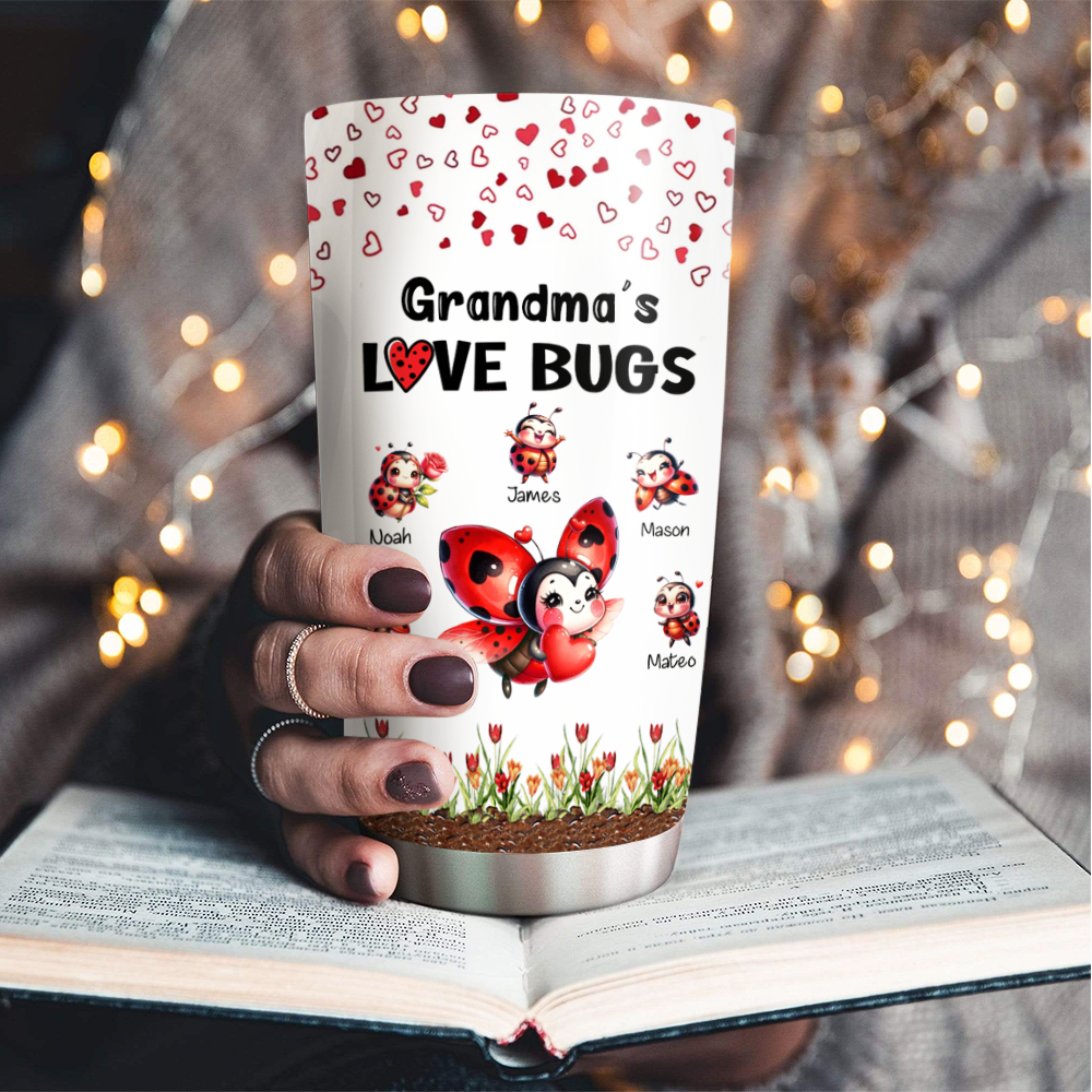 Grandma's Love Bugs Ladybug Kids Names Personalized Tumbler 20oz