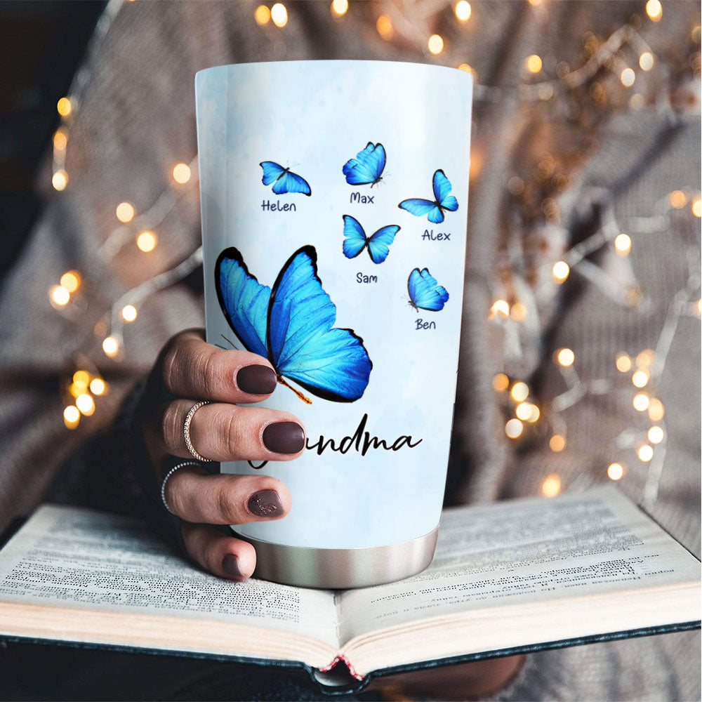 Big Blue Butterfly Grandma Kids Names Personalized Tumbler 20oz