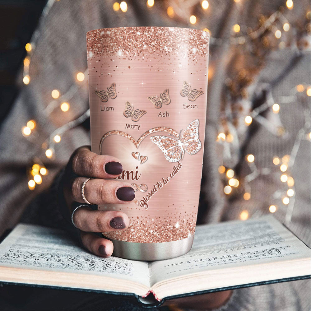 Glitter Heart Butterfly Blessed To Be Called Grandma Kids Names Personalized Tumbler 4 Colors 20oz