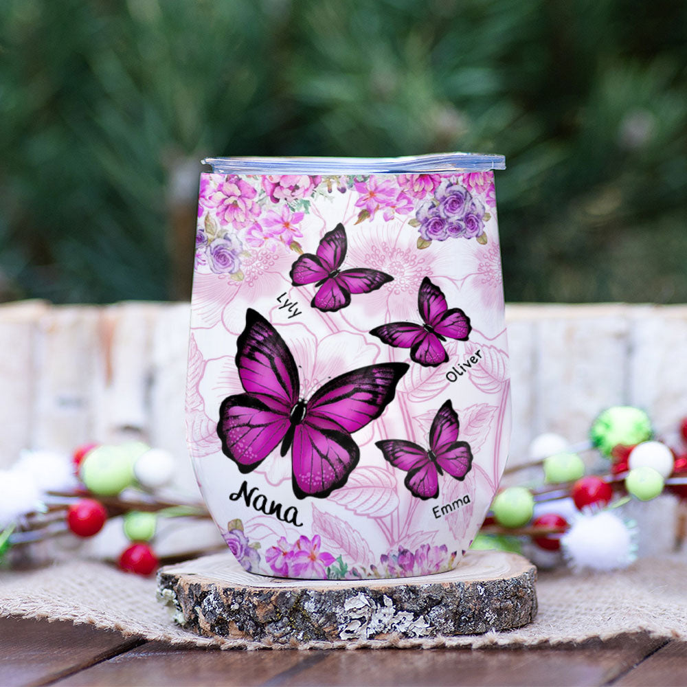 Pink Butterflies Grandma with Grandkids Personalized Wine Tumbler