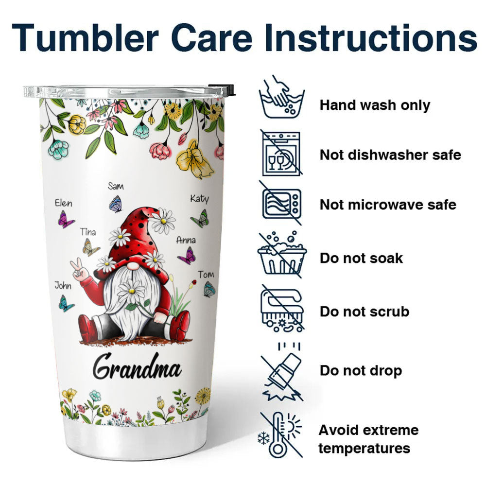 Gnome Butterfly Floral Grandma Kids Names Personalized Tumbler