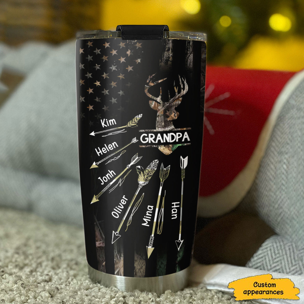 Deer Hunting Grandpa Arrows Kids Names American Flag Personalized Tumbler