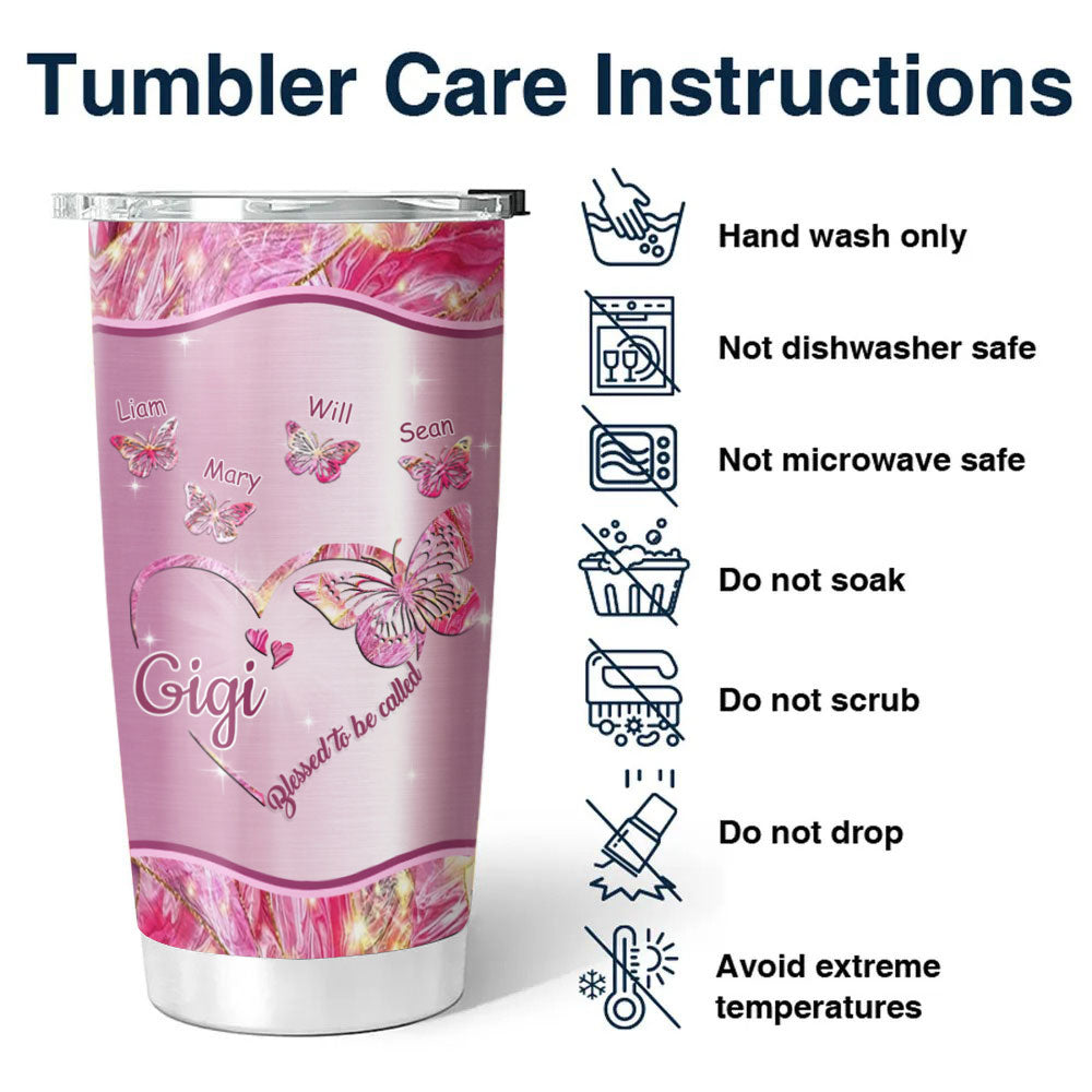 Butterfly Heart Blessed To Be Called Mom Grandma Nana Mimi Gigi Auntie Personalized Tumbler With Name On Back