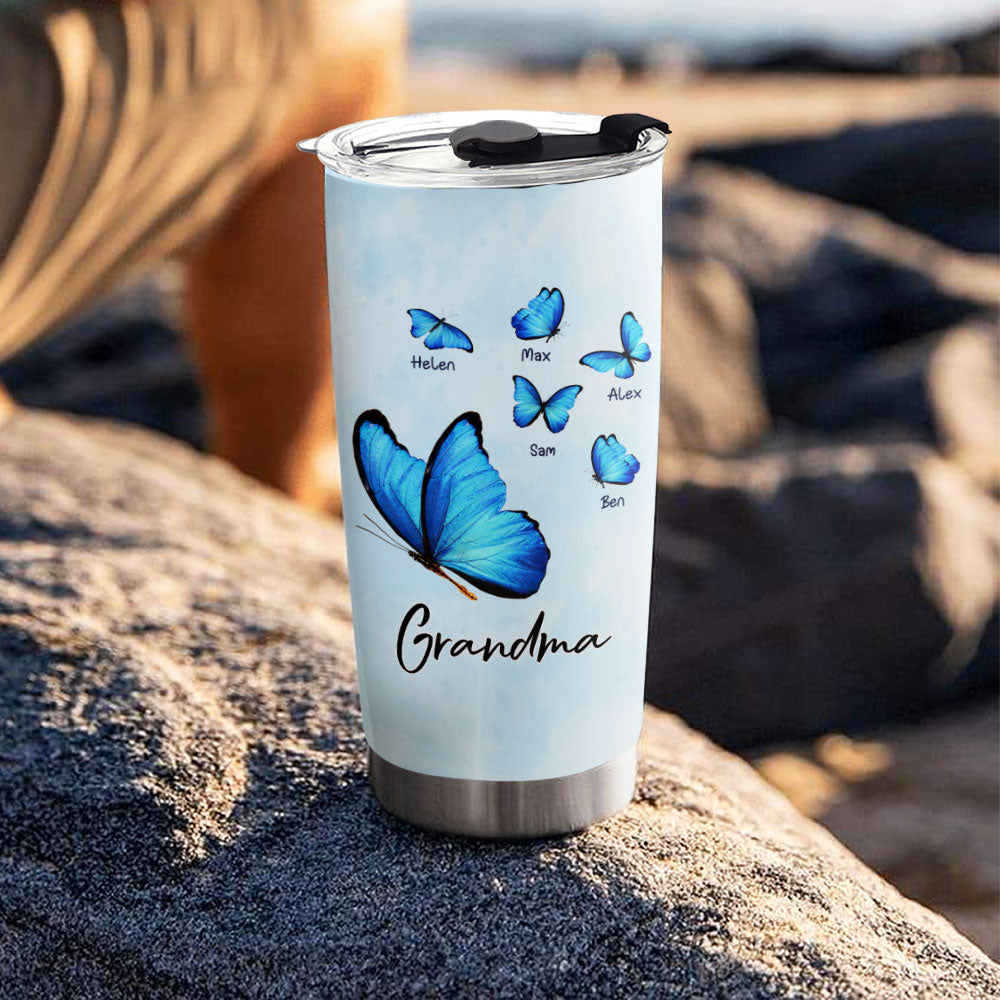 Big Blue Butterfly Grandma Kids Names Personalized Tumbler 20oz