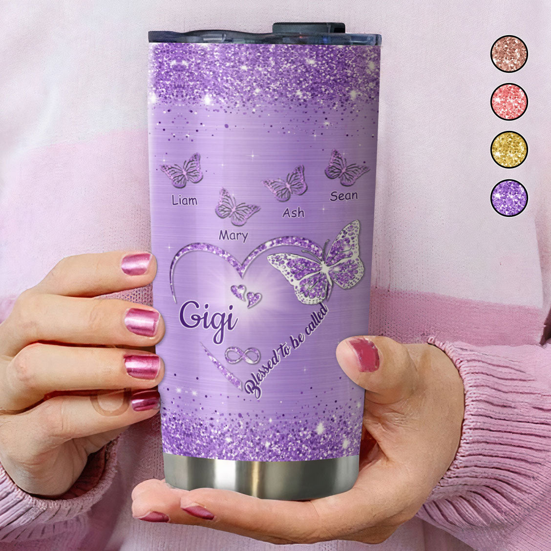 Glitter Heart Butterfly Blessed To Be Called Grandma Kids Names Personalized Tumbler 4 Colors 20oz