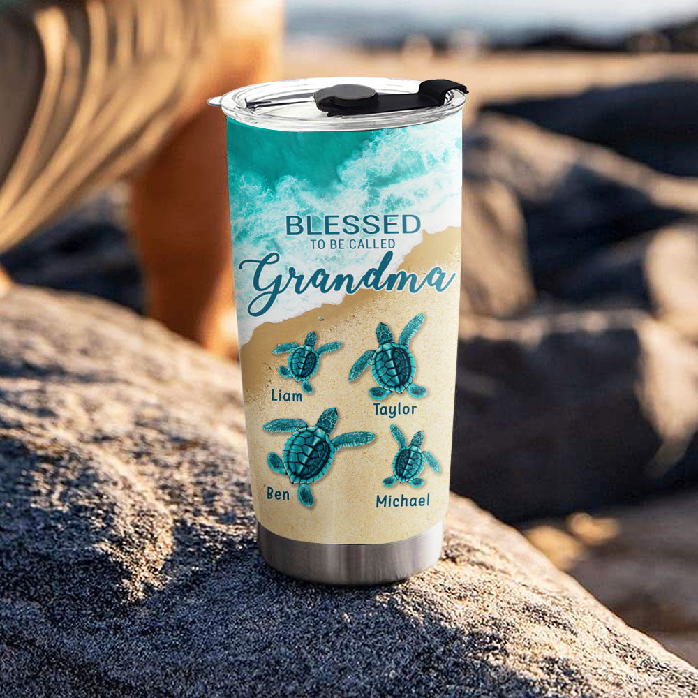 Sea Turtle Beach Happiness Is Being A Grandma Kids Names Personalized Tumbler 20oz
